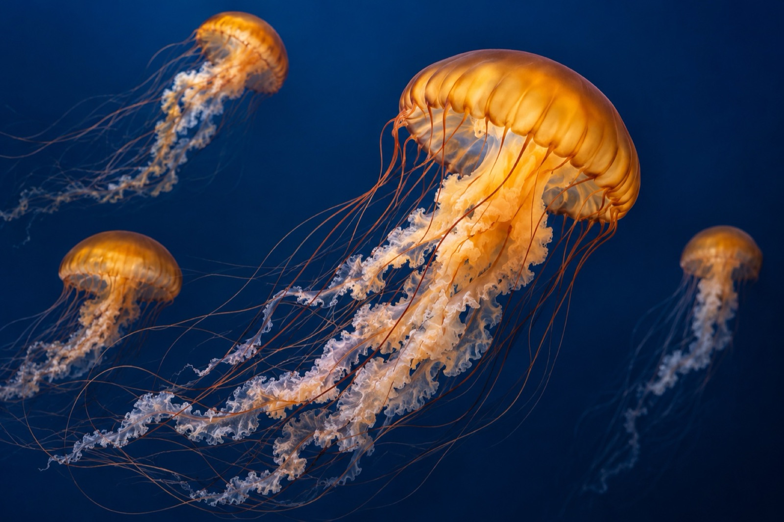 Amber sea nettles drifting through deep blue water