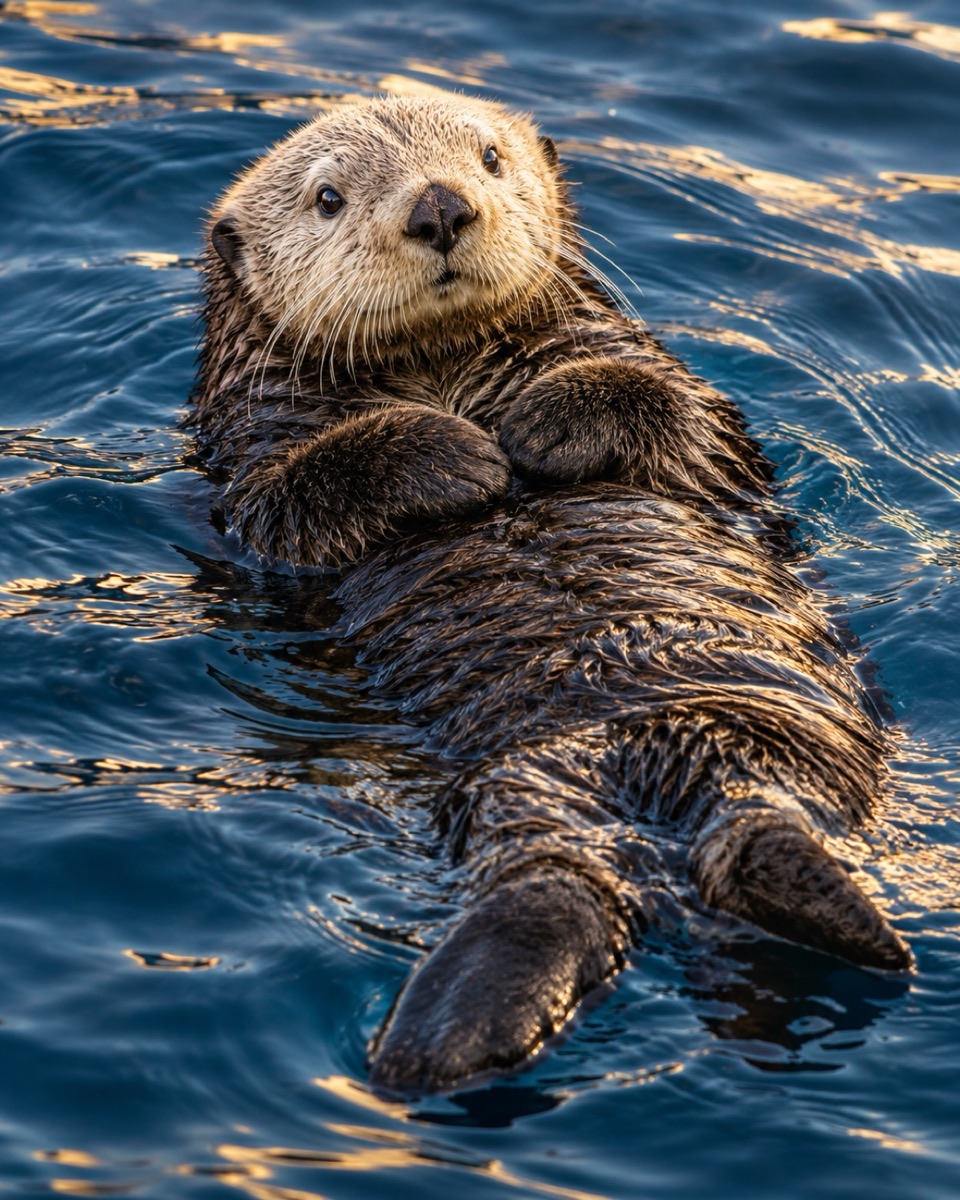 Sea otter floating on its back with its paws resting on its chest