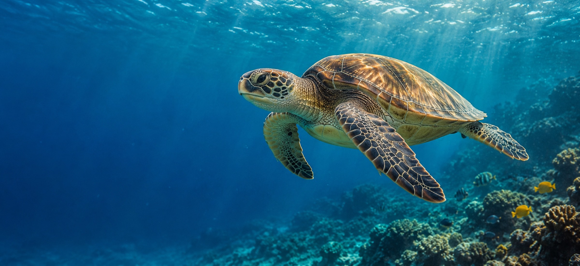 Green sea turtle swimming above a reef in clear blue water