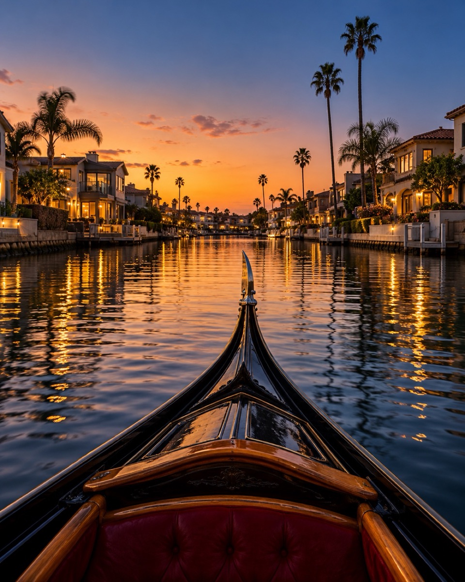 The view from a gondola's bow along a palm-lined canal at dusk, with lit homes reflected in the water