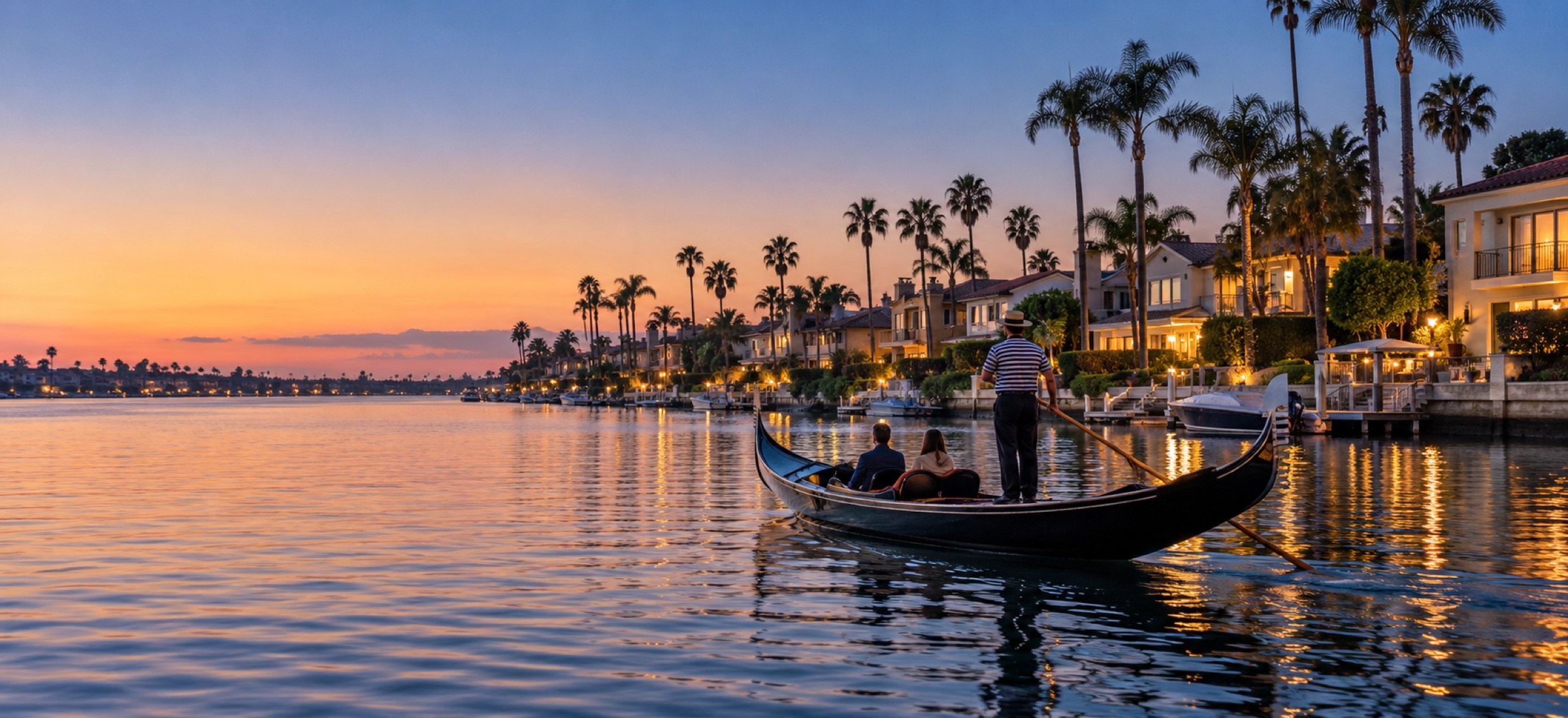 A gondolier guiding a gondola with two guests across calm water at sunset, past palms and lit waterfront homes