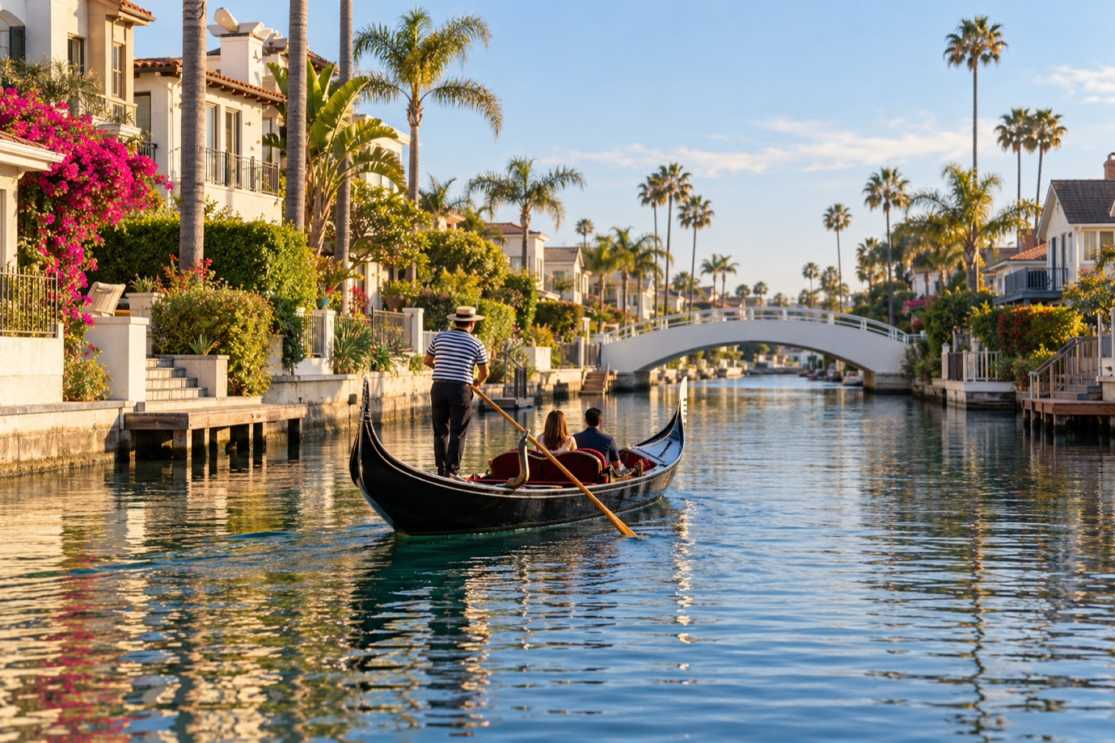 A gondola gliding toward an arched white bridge on a canal lined with palms, flowering gardens and homes