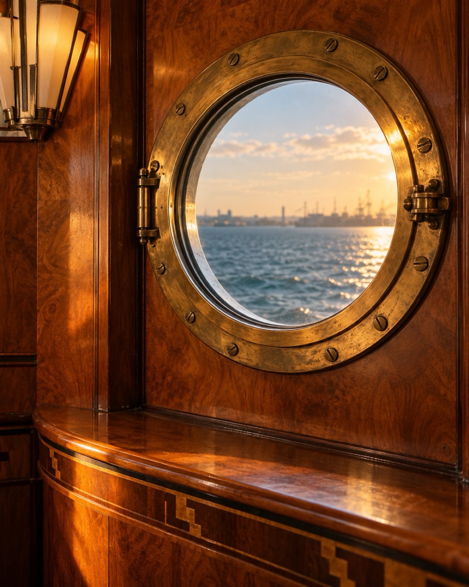 Brass porthole set in polished wood paneling overlooking sunlit harbor water