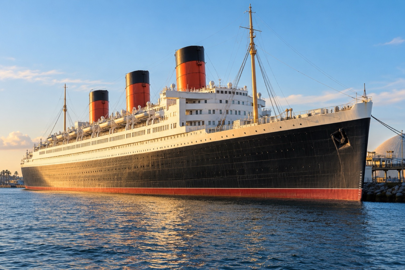 The Queen Mary's black bow, white decks and three red funnels in warm afternoon light
