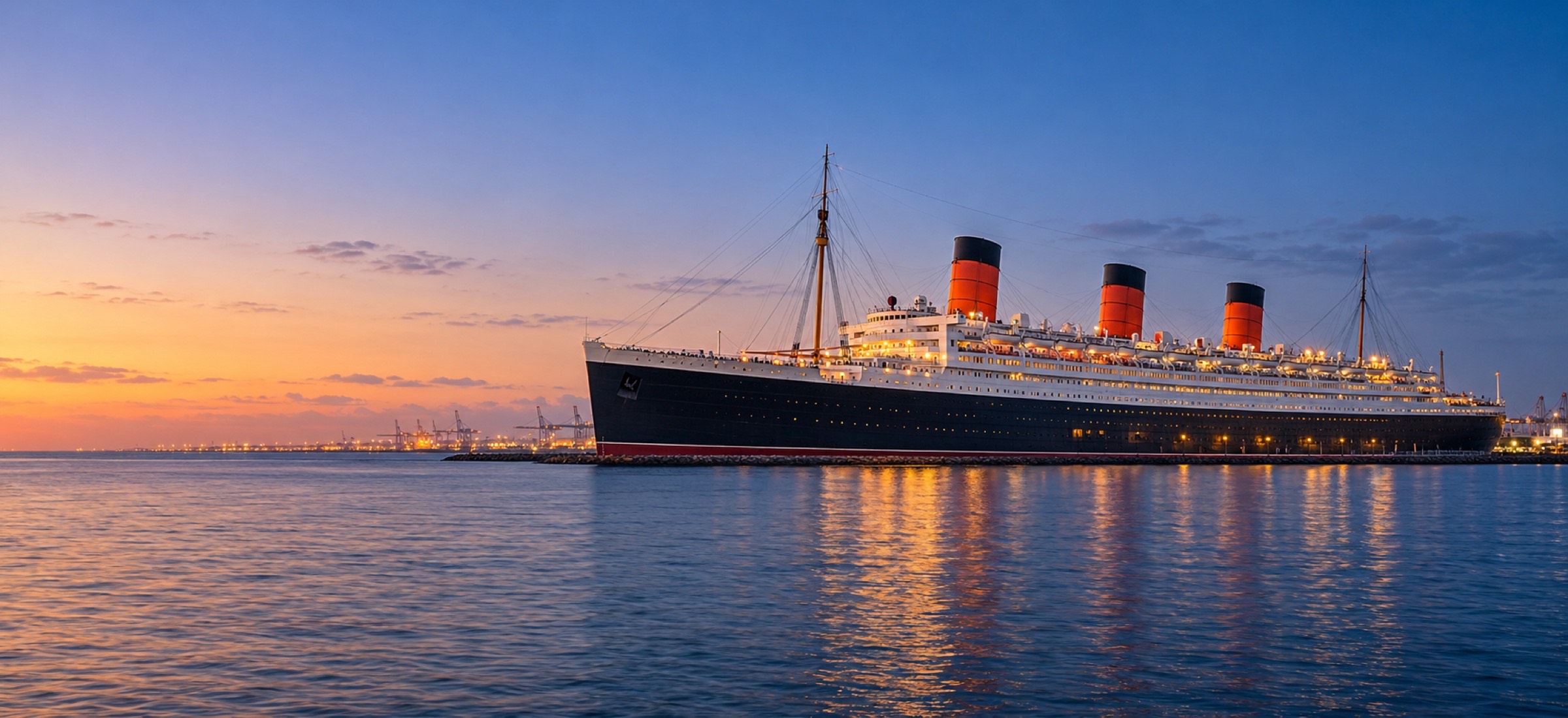The Queen Mary's three red funnels and illuminated decks reflected in harbor water at dusk