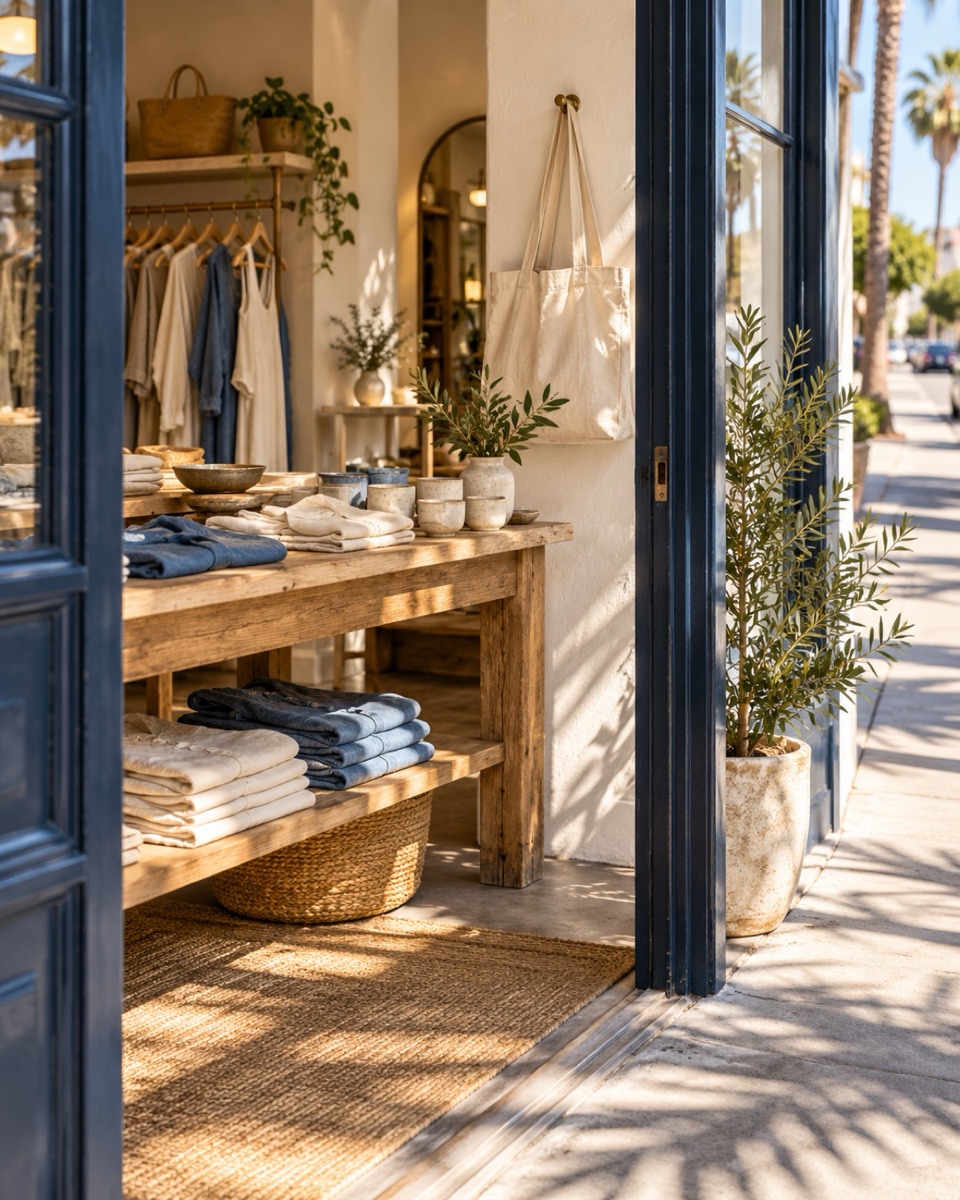 Ceramic cups, folded clothing and a canvas tote in a sunlit boutique doorway