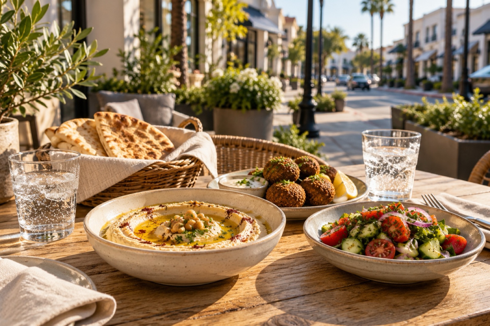 Hummus, falafel, pita and salad on a sunlit outdoor cafe table