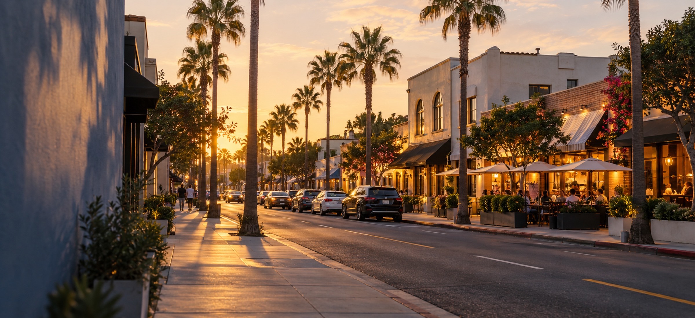 Palm-lined shopping street with glowing storefronts and sidewalk dining in golden evening light