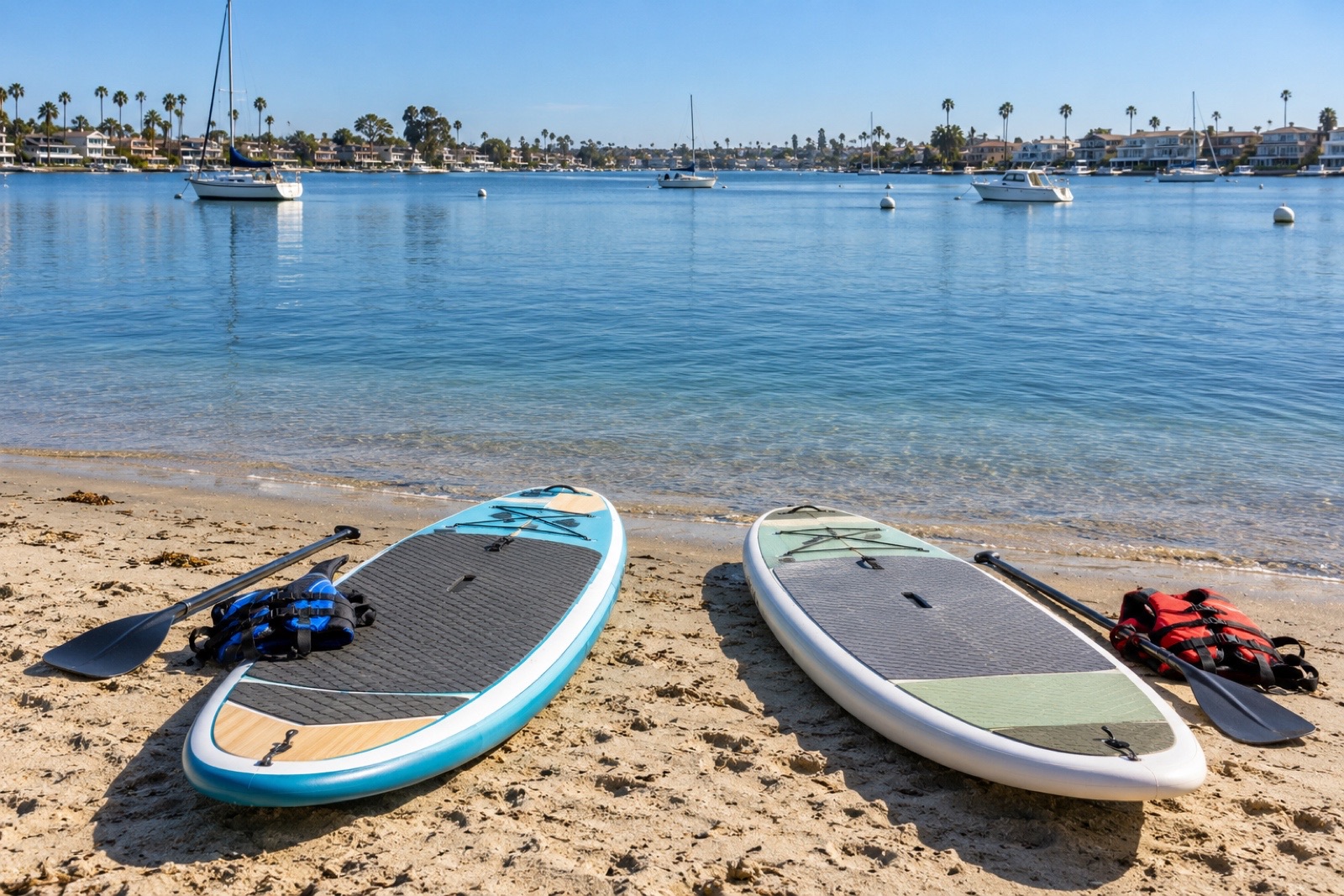 Paddleboards resting on a sandy bay shoreline with sailboats moored beyond