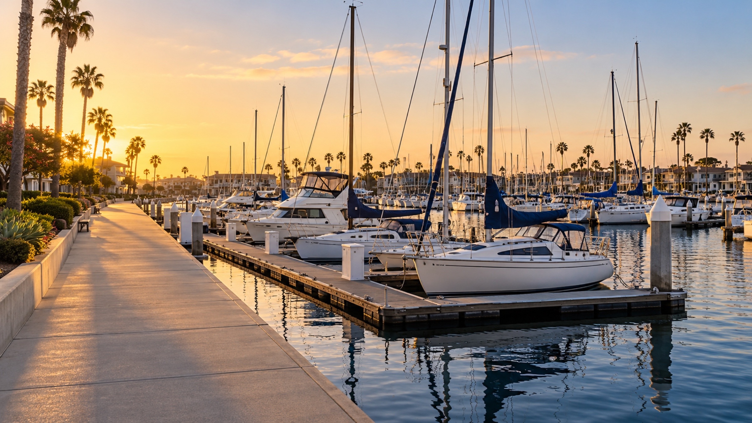Sailboats in their slips beside a waterfront walkway at sunset