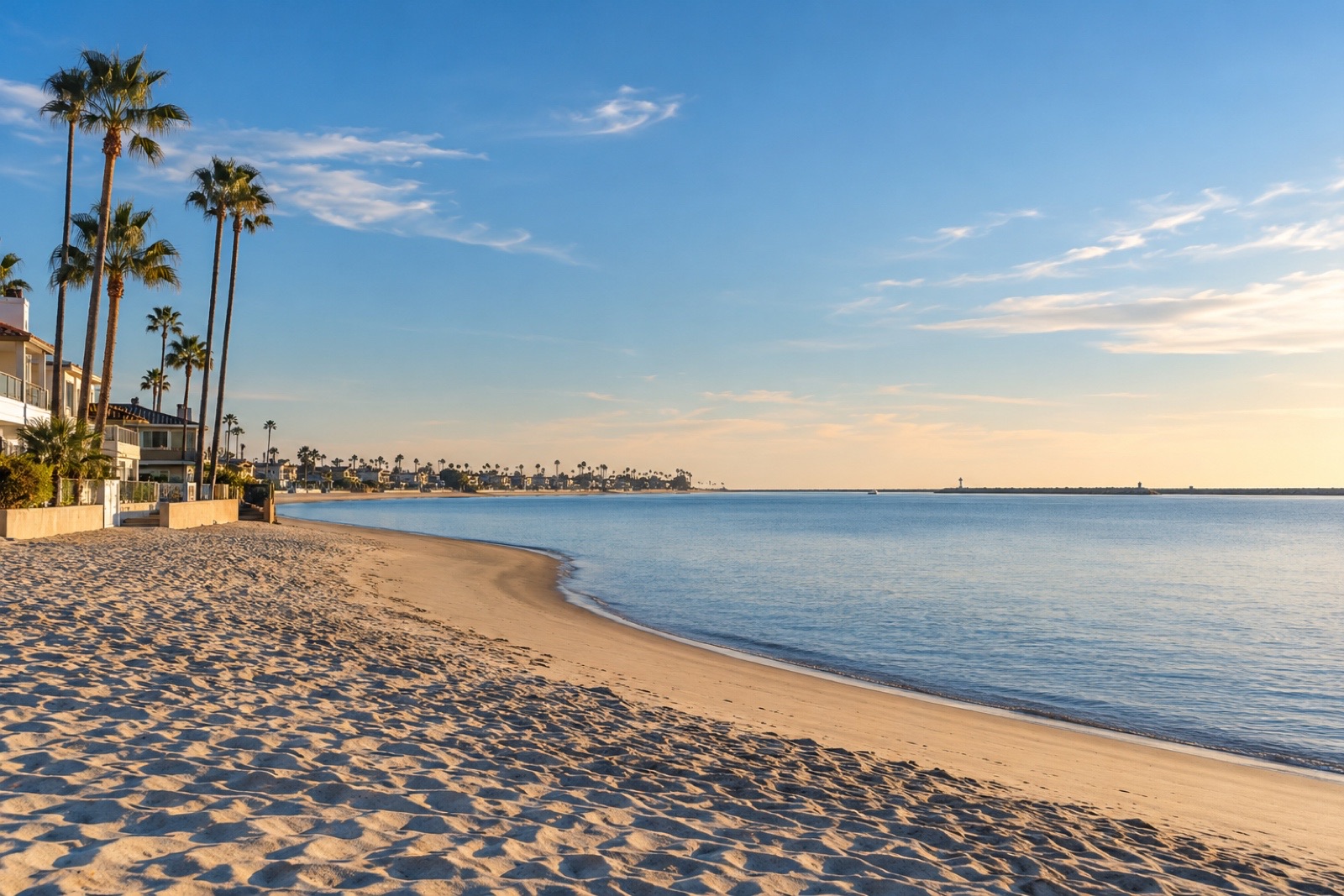 A broad sandy beach beside calm ocean water, coastal homes and palm trees