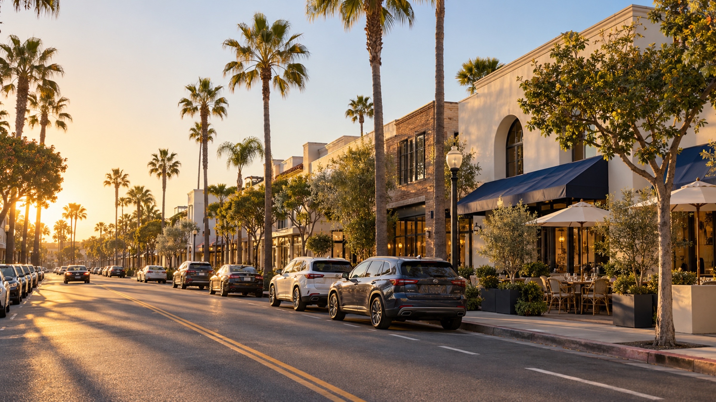 Palm-lined Second Street with shopfronts and sidewalk tables in late-afternoon light