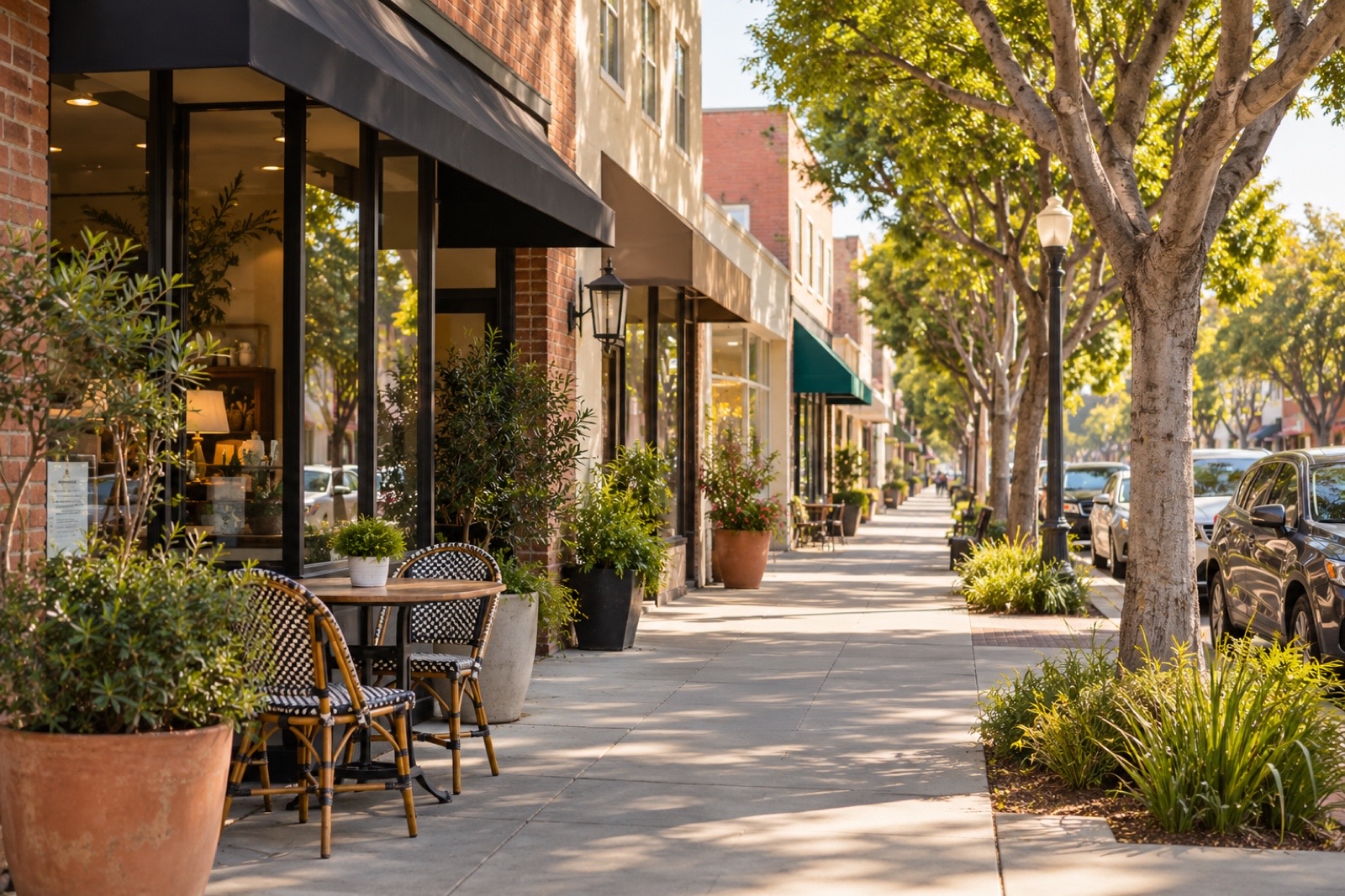 Neighborhood storefronts and cafe tables beside a tree-lined sidewalk