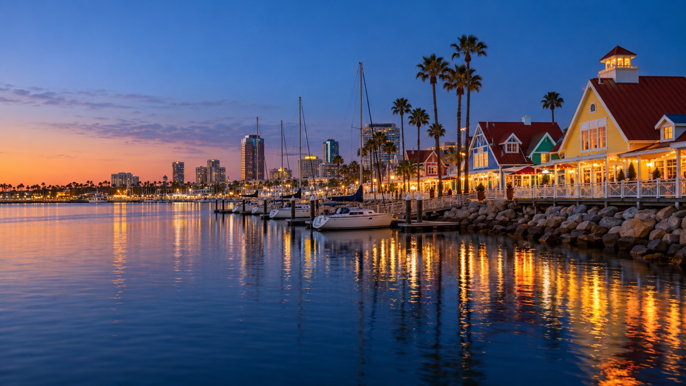 Rainbow Harbor at twilight, with lit waterfront buildings, moored boats and the downtown skyline