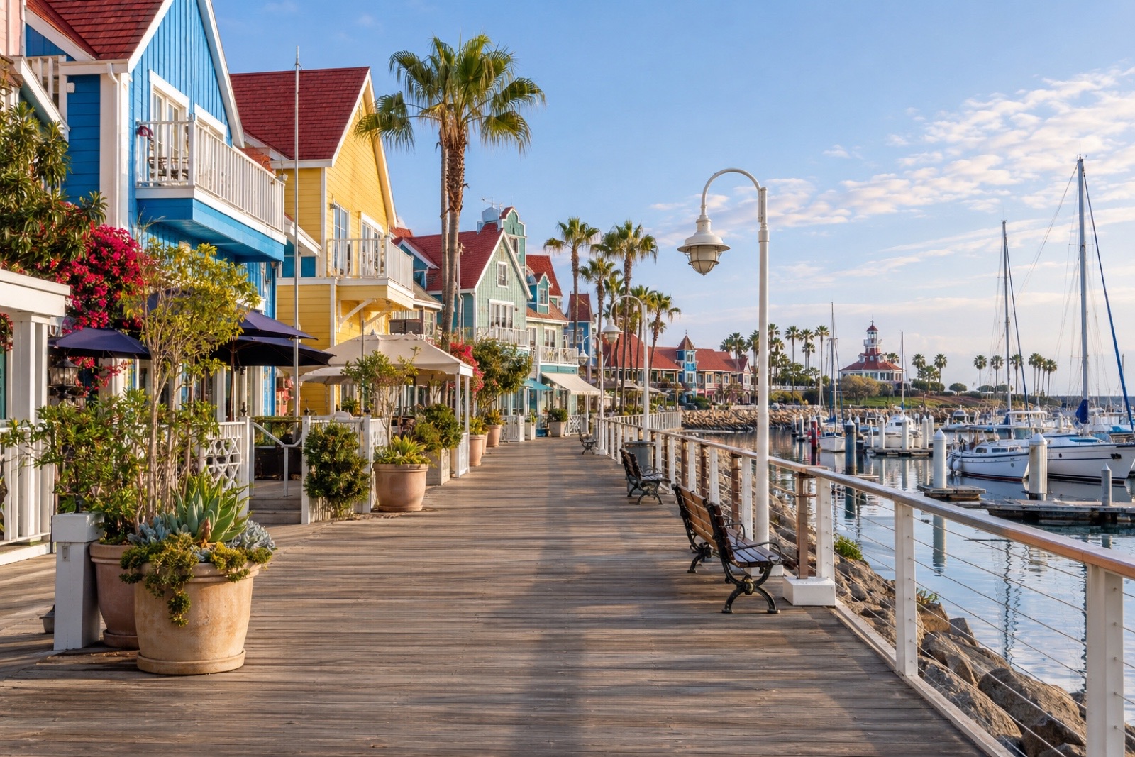 Colorful waterfront shops along a harbor-side boardwalk