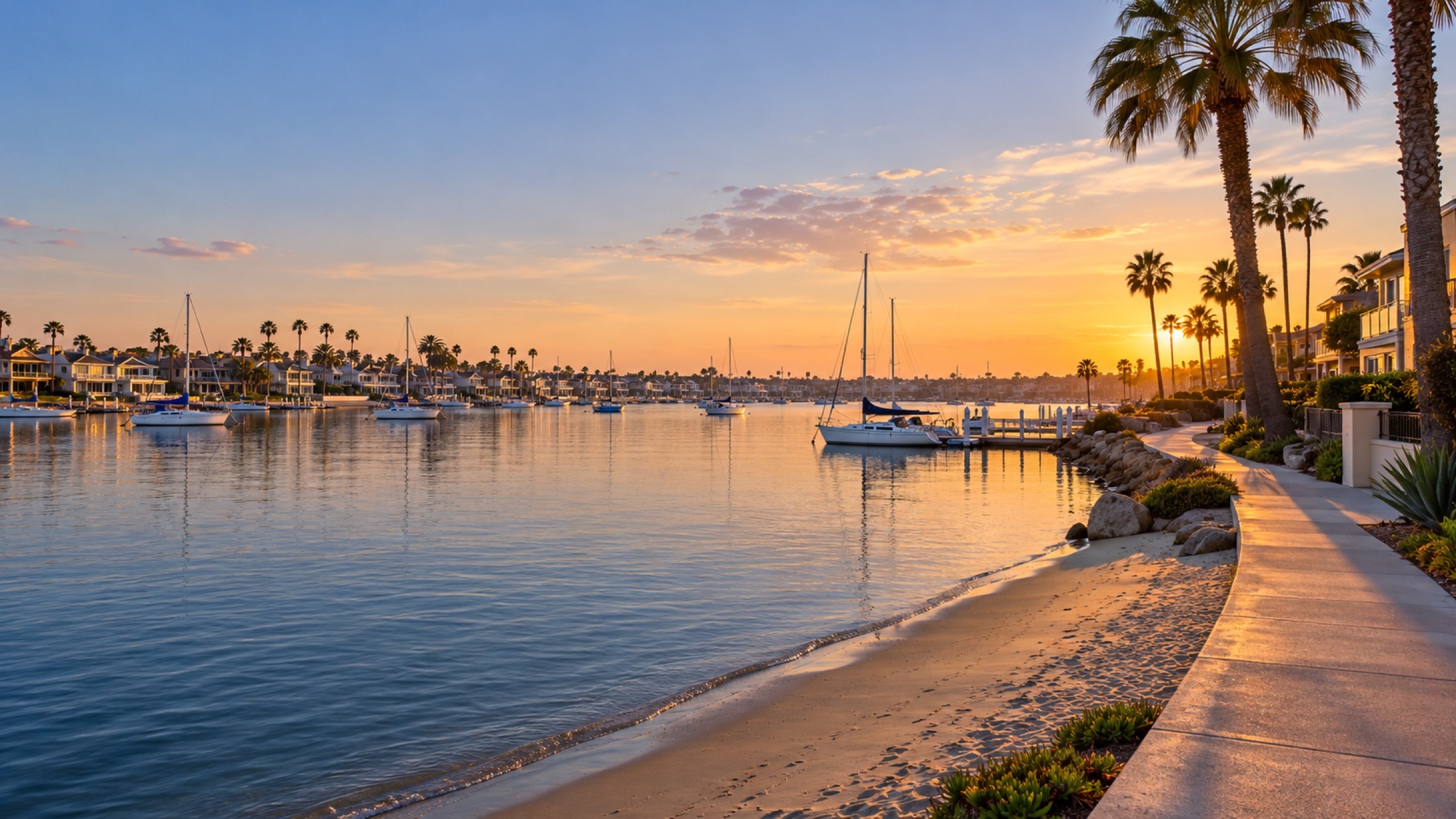 Sailboats and coastal homes beside calm bay water in warm evening light