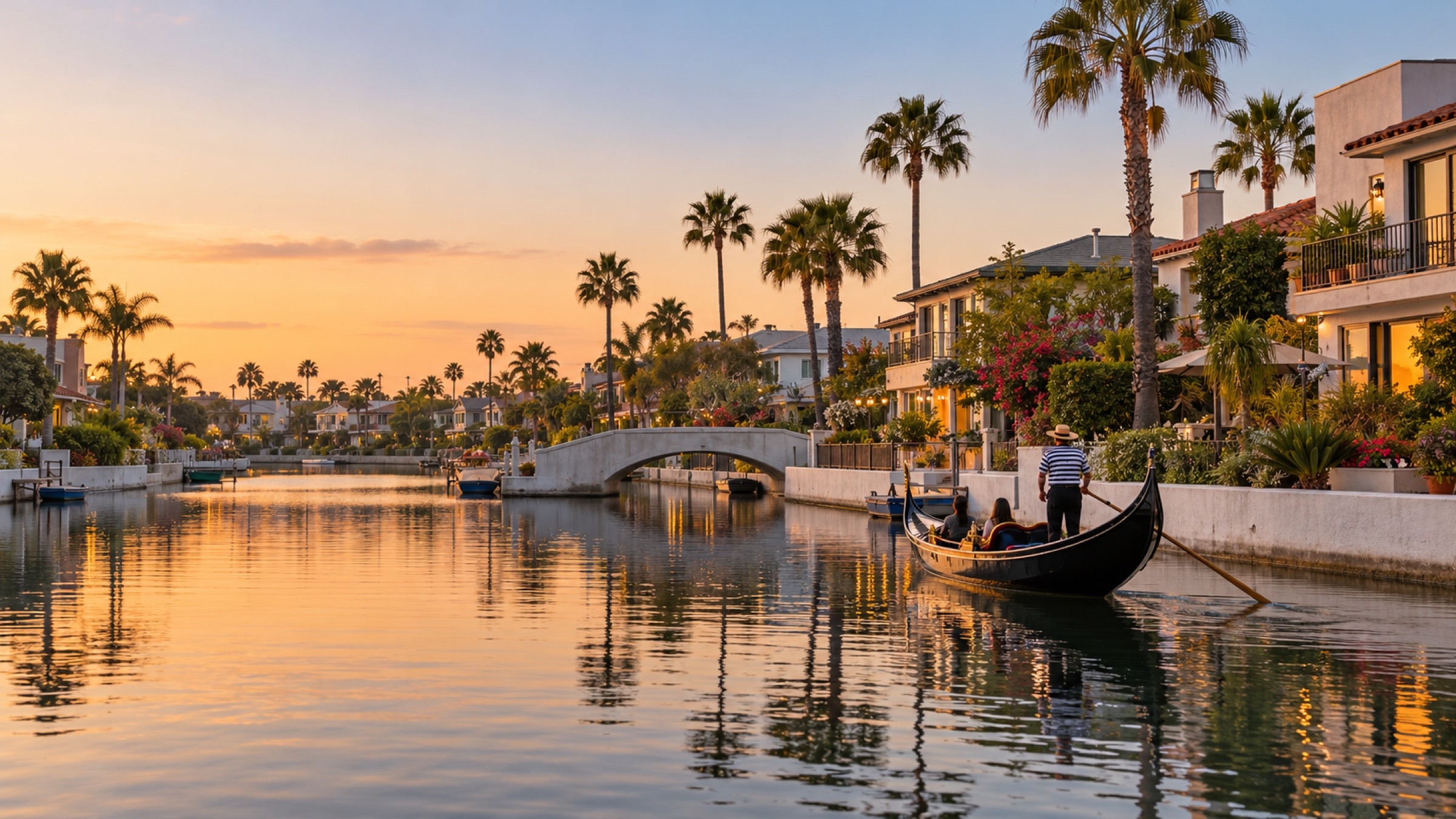 A gondola gliding along a Naples canal past waterfront homes and an arched bridge at sunset