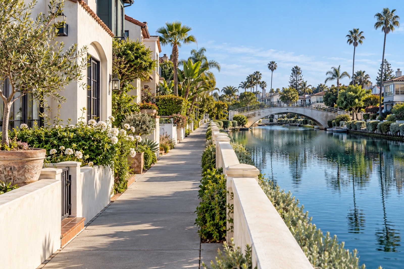 A canal-side walkway with waterfront homes and a small bridge