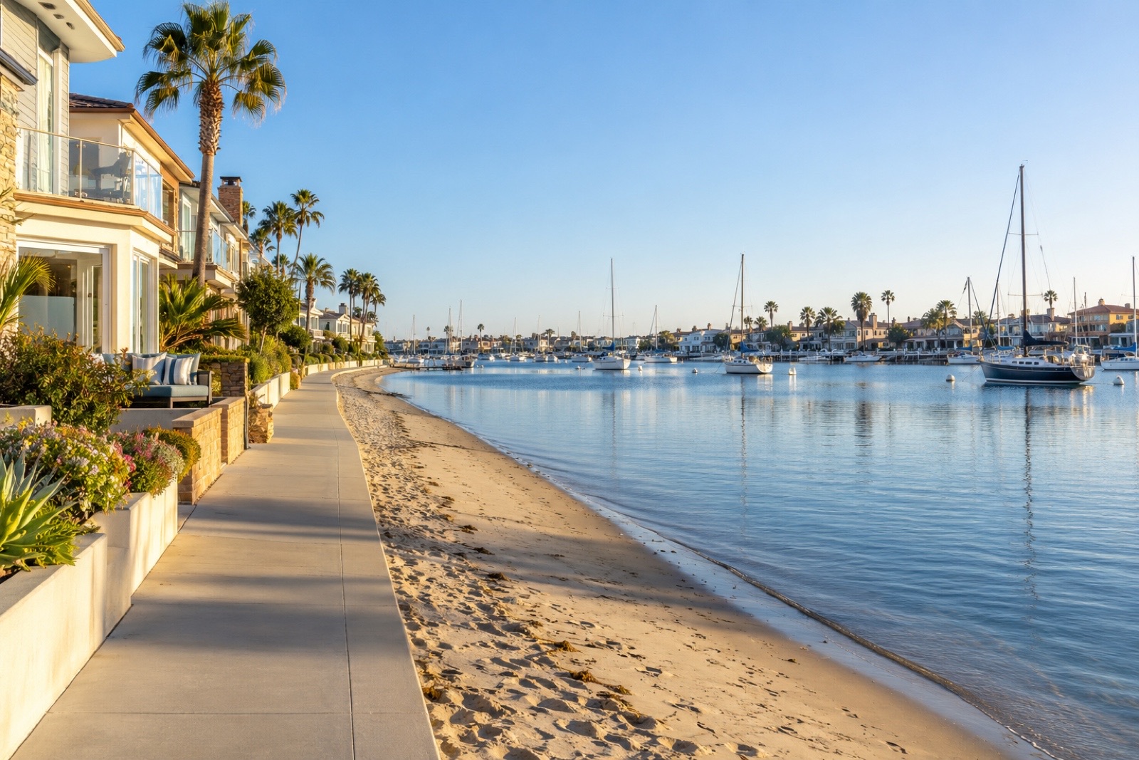 A sandy bay shoreline beside coastal homes and calm water