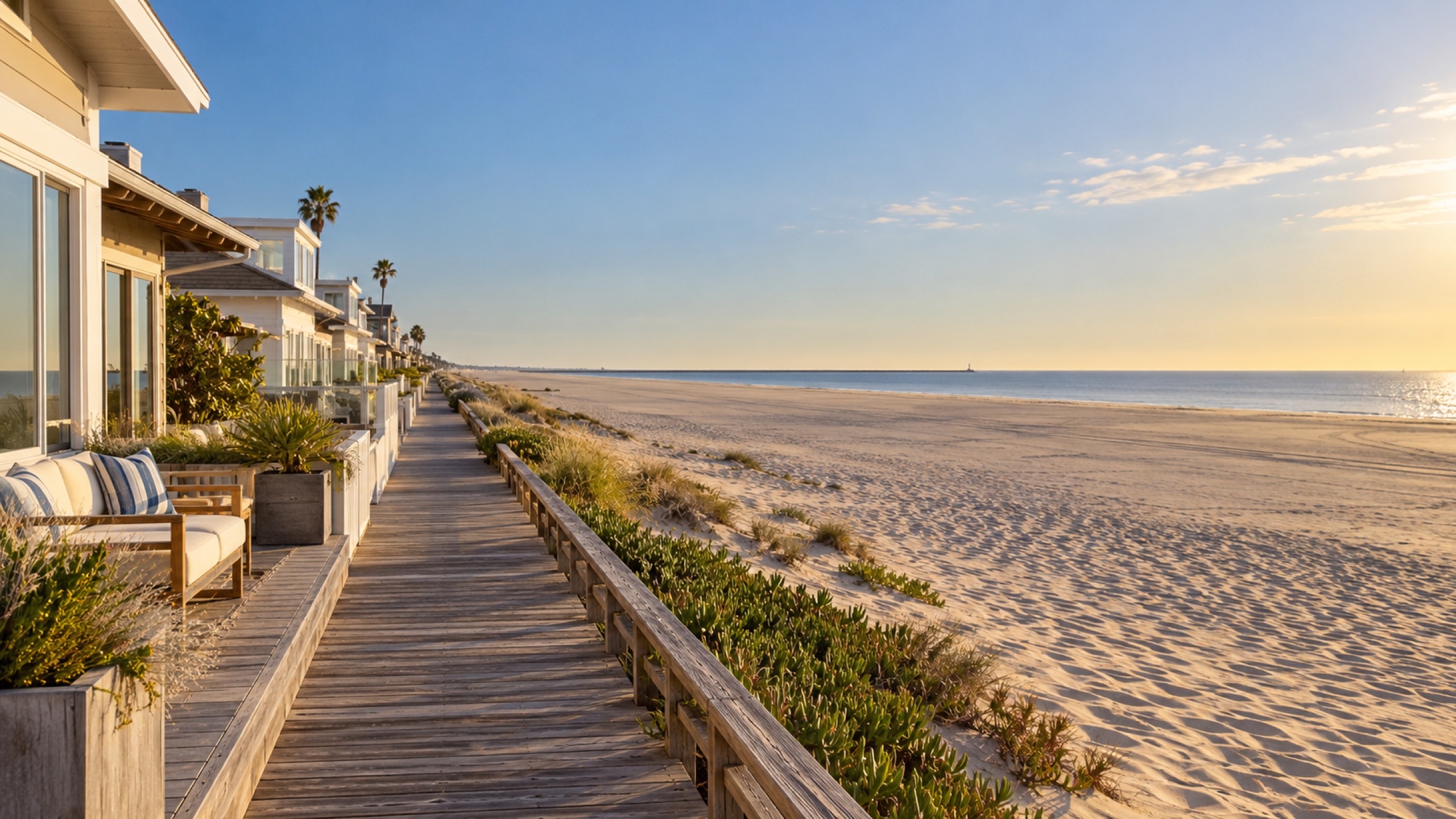 A beachside boardwalk beside low coastal homes and a broad sandy beach